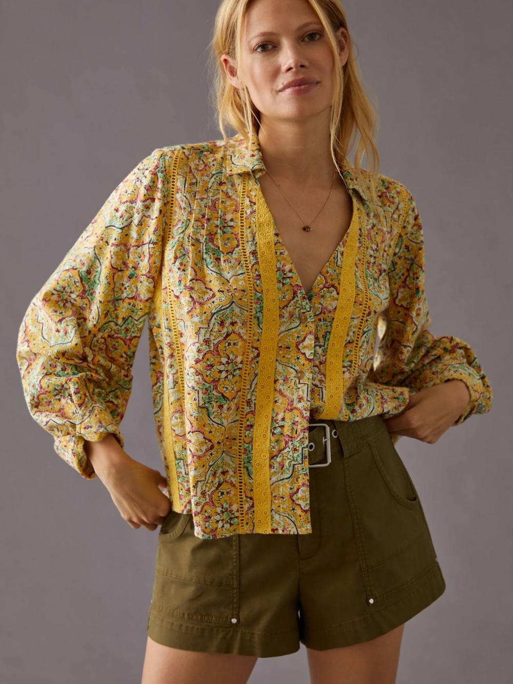 Pilcro Yellow Floral Print V-Neck Long-Sleeve Blouse
